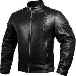 HWK Men's Leather Motorcycle Jacket with Armor – Cafe Racer, Weather-Resistant
